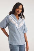JD Williams Blue Stripe Button Front Lace Insert Top