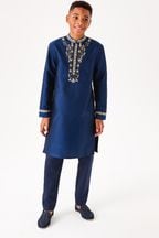 Navy Blue & Gold Regular Length Embroidered Boys Kurta (3-16yrs)