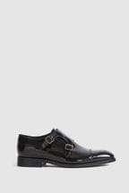 Reiss Black Rivington High Shine Leather Monk Strap Shoes