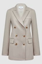 Reiss Neutral Astrid Double Breasted Wool Blend Blazer