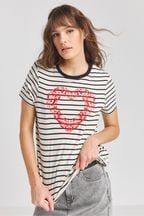 Simply Be Black Embroidered Heart Slogan T-Shirt