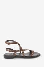 Chocolate Brown Forever Comfort® Leather Strappy Studded Flat Sandals