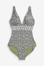 Green Woodblock Plunge Tummy Control Swimsuit
