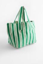 Green Striped Cotton Blend Canvas Shopper Bag