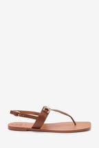 Tan Brown Regular/Wide Fit Leather Toe Post Flat Sandals with Metal Detail