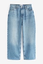 Mid Blue Denim Raw Hem Cropped Wide Leg Jeans
