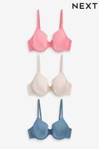 Coral Pink/Blue/Cream Pad Full Cup Microfibre Smoothing T-Shirt Bras 3 Pack