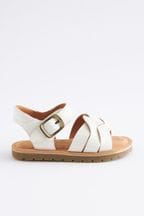 White Leather Standard Fit (F) Leather Woven Ankle Strap Sandals