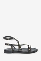 Black Forever Comfort® Leather Strappy Studded Flat Sandals