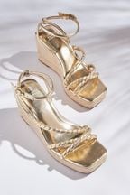 Gold Forever Comfort® Twist Strap Detail Square Toe Wedge Sandals