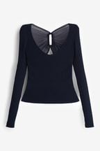 Navy Blue Mesh Detail Ribbed Knitted Top