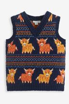 JoJo Maman Bébé Navy Highland Cow Fair Isle Tank Top