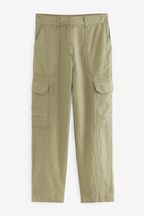 Khaki Green Linen Blend Cargo Taper Trousers