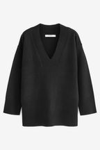 Black Premium 100% Wool Longline V-Neck Jumper