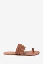 Tan Brown Leather Woven Toe Loop Sandals