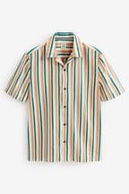Rust Orange/Green Textured Short Sleeve Stripe Shirt With Cuban Collar