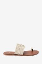 Cream Leather Woven Toe Loop Sandals