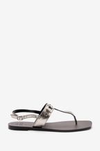 Pewter Silver Regular/Wide Fit Leather Toe Post Flat Sandals with Metal Detail