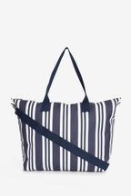 Navy Blue/White Stripe Fold-Away Beach Bag