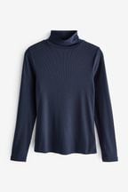 Navy Blue Long Sleeve Ribbed Roll Neck Top