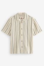 White Textured Stripe Short Sleeve Cuban Collar Shirt