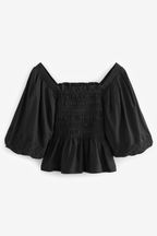 Black Cotton Shirred Top with Broidery Detail