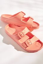 Coral Pink EVA Double Strap Flat Slider Sandals with Adjustable Buckles
