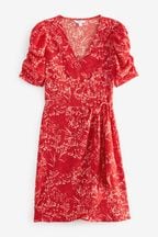 Red Sprig Floral Short Sleeve V-Neck Wrap Mini Dress