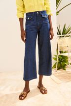 Rinse Blue Patch Pocket Detail Wide Leg Cropped Jeans