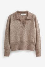 Mole Brown Premium Wool Blend V-Neck Collared Jumper