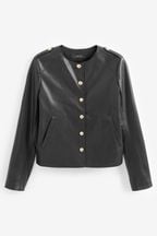 Black Collarless Faux Leather Jacket