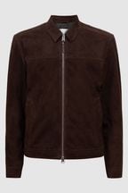 Reiss Chocolate Riley Suede Zip-Through Jacket