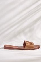 Tan Brown Premium Leather Flat Cut Out Detail Mule Sandals