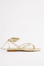 Gold Signature Leather Ankle Wrap Flat Sandals