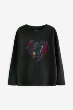 Black Long Sleeve Sequin Heart T-Shirt (3-16yrs)