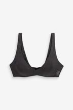 self. Black Ribbed Non Wire Plunge Pull-On Crop Bra