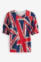 Union Jack Print Coronation Gem Detail Short Sleeve Knit Top