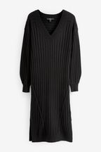 Black Ribbed V-Neck Knit Dress