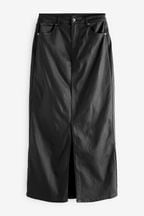 Black Coated Denim Maxi Skirt
