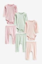 Pink/Green 6 Pack Baby Frill Bodysuit and Leggings Set