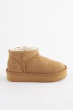 Tan Brown Flatform Mini Warm Lined Water Repellent Suede Pull-On Boots