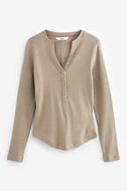 Taupe Brown Ribbed Button Detail Long Sleeve Henley Top