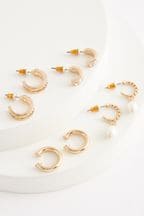 Gold Tone Pearl and Sparkle Hoop Earrings 4 Packs with Ear Cuff