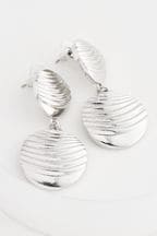 Silver Tone Recycled Metal Wave Effect Circle Drop Earrings