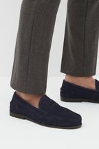 Navy Blue Suede Wide Fit Penny Loafers