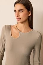 Neutral Long Sleeve Hardware Detail Cut-Out Top