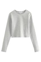 Grey Marl Double Layer Ribbed Long Sleeve Crew Neck Top