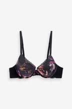Black/Purple Floral Print Microfibre And Lace Smoothing Push Up Plunge Bra