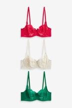 Red/Green/Cream Non Pad Balcony Lace Bras 3 Pack