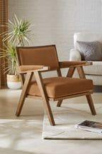 Soft Velvet Caramel Brown Abe Wooden Accent Chair